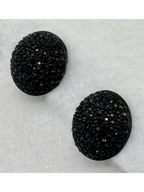 Vintage St. John Japanned Black Rhinestone Large Dome Clip-On Earrings Signed 1"